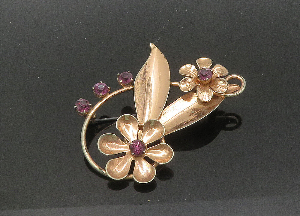 925 Sterling Silver  Vintage Purple Topaz Shiny Floral Brooch Pin  BP8357