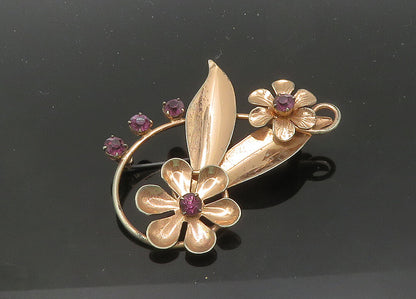 925 Sterling Silver  Vintage Purple Topaz Shiny Floral Brooch Pin  BP8357