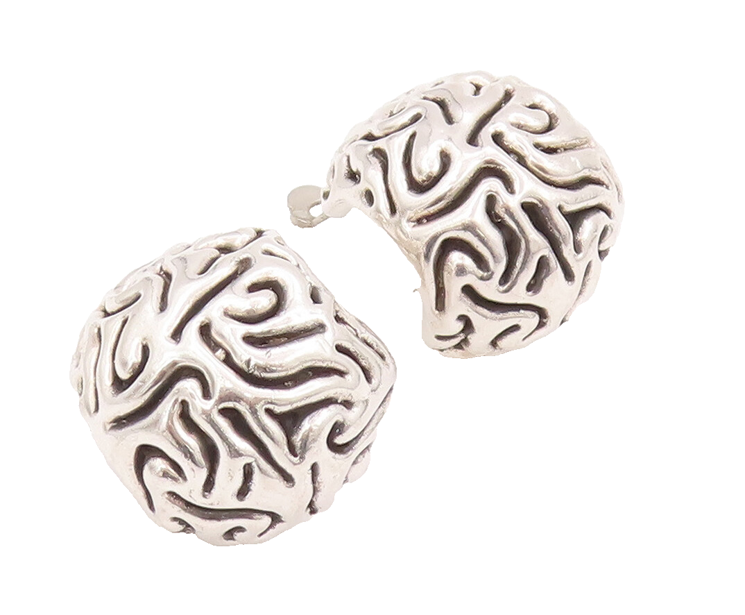 925 Sterling Silver Vintage Earrings ISRAEL Puffed Etched Swirls Hoops  EG12944