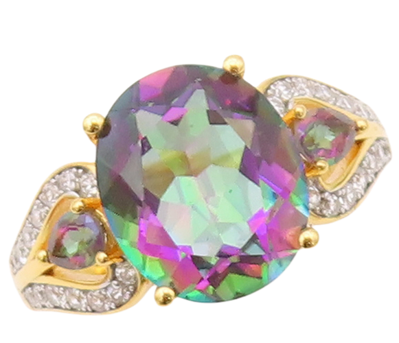925 Sterling Silver Vintage Ring Gold Plated Mystic Topaz CZ Inlay Sz 7 RG30425