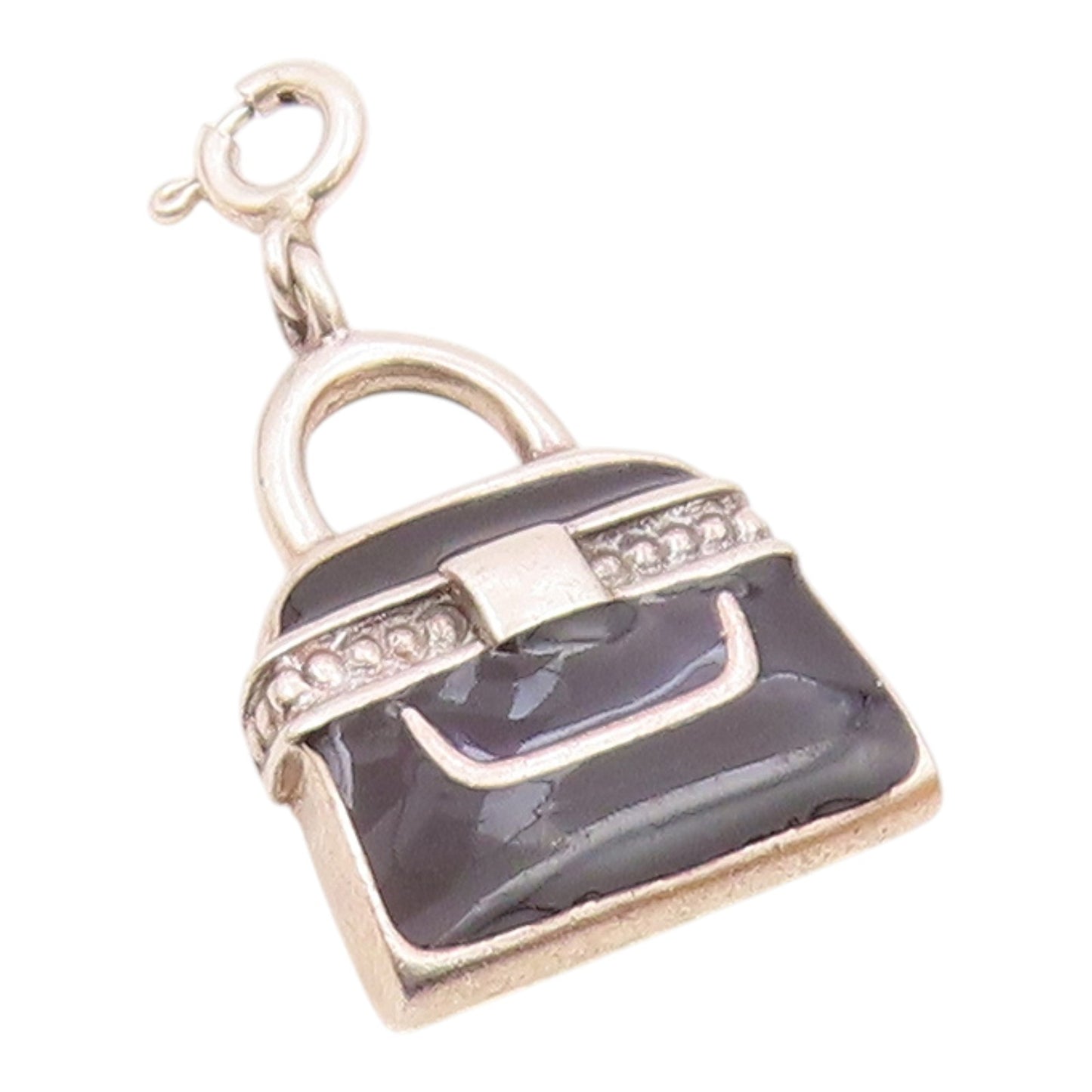 925 Sterling Silver  Vintage Black Enamel Tote Purse Charm Pendant  PT20343