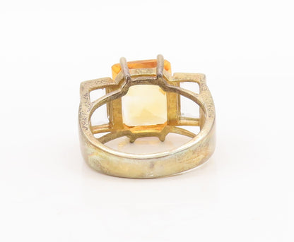 925 Sterling Silver Vintage Ring Gold Plated Rectangle Citrine CZ  Sz 7  RG29475