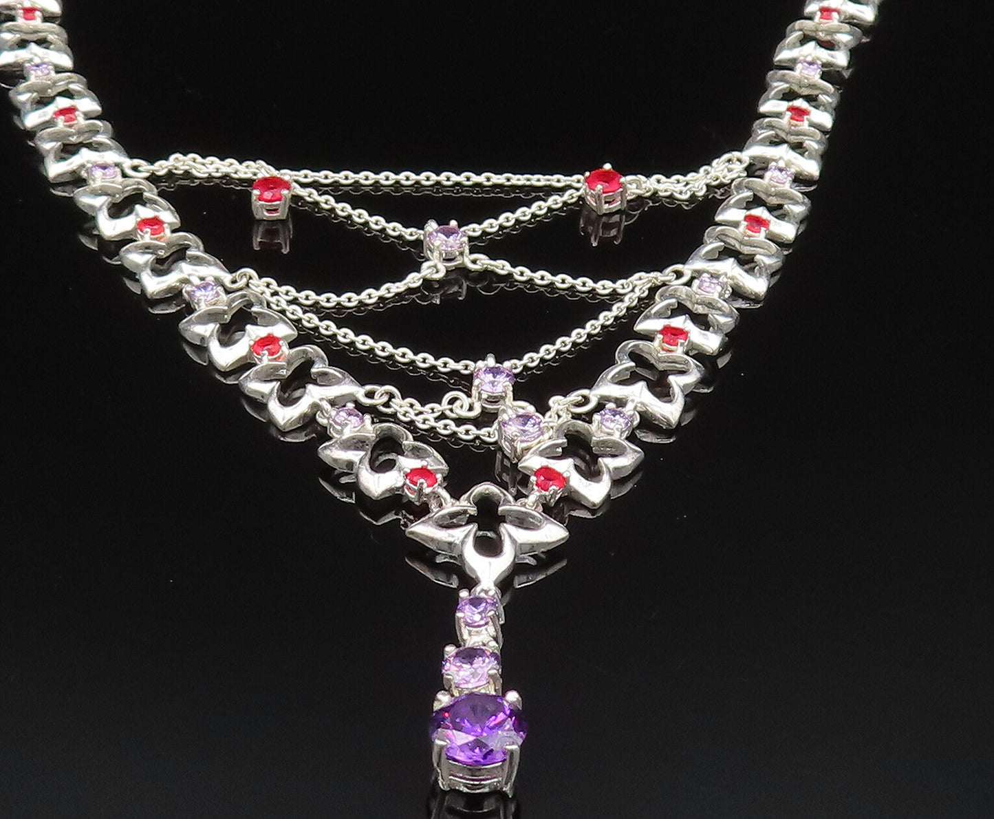 925 Sterling Silver  Vintage Amethyst & Spinel Cross Cutout Necklace  NE3868