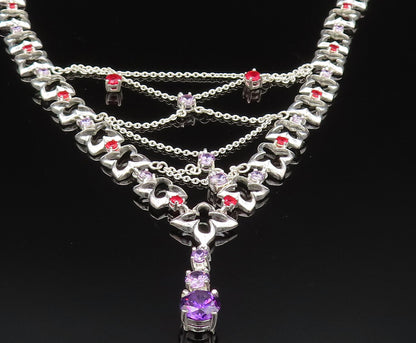 925 Sterling Silver  Vintage Amethyst & Spinel Cross Cutout Necklace  NE3868