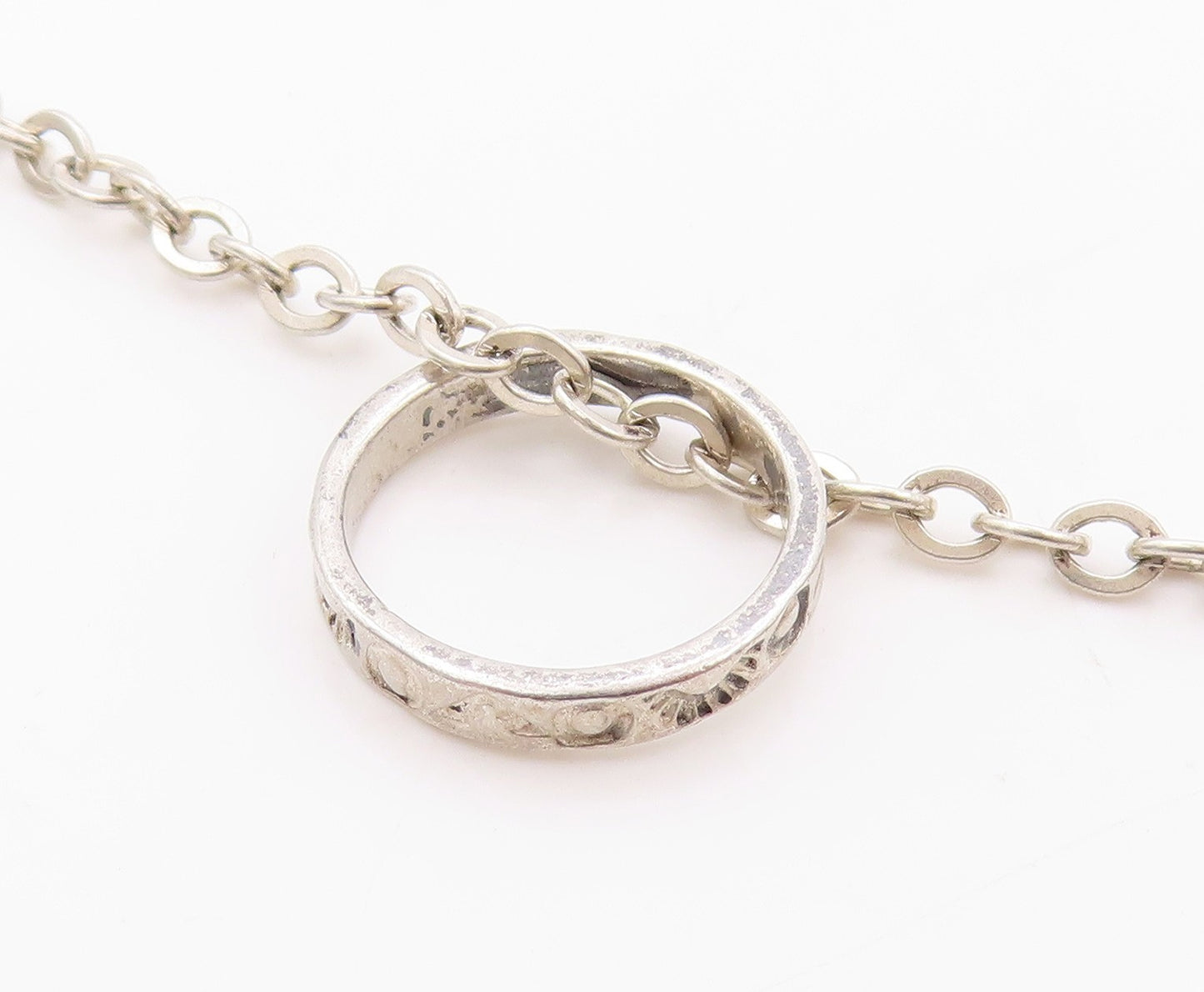 925 Sterling Silver Vintage Necklace CAROLYN POLLACK Carved Ring Chain  NE4556