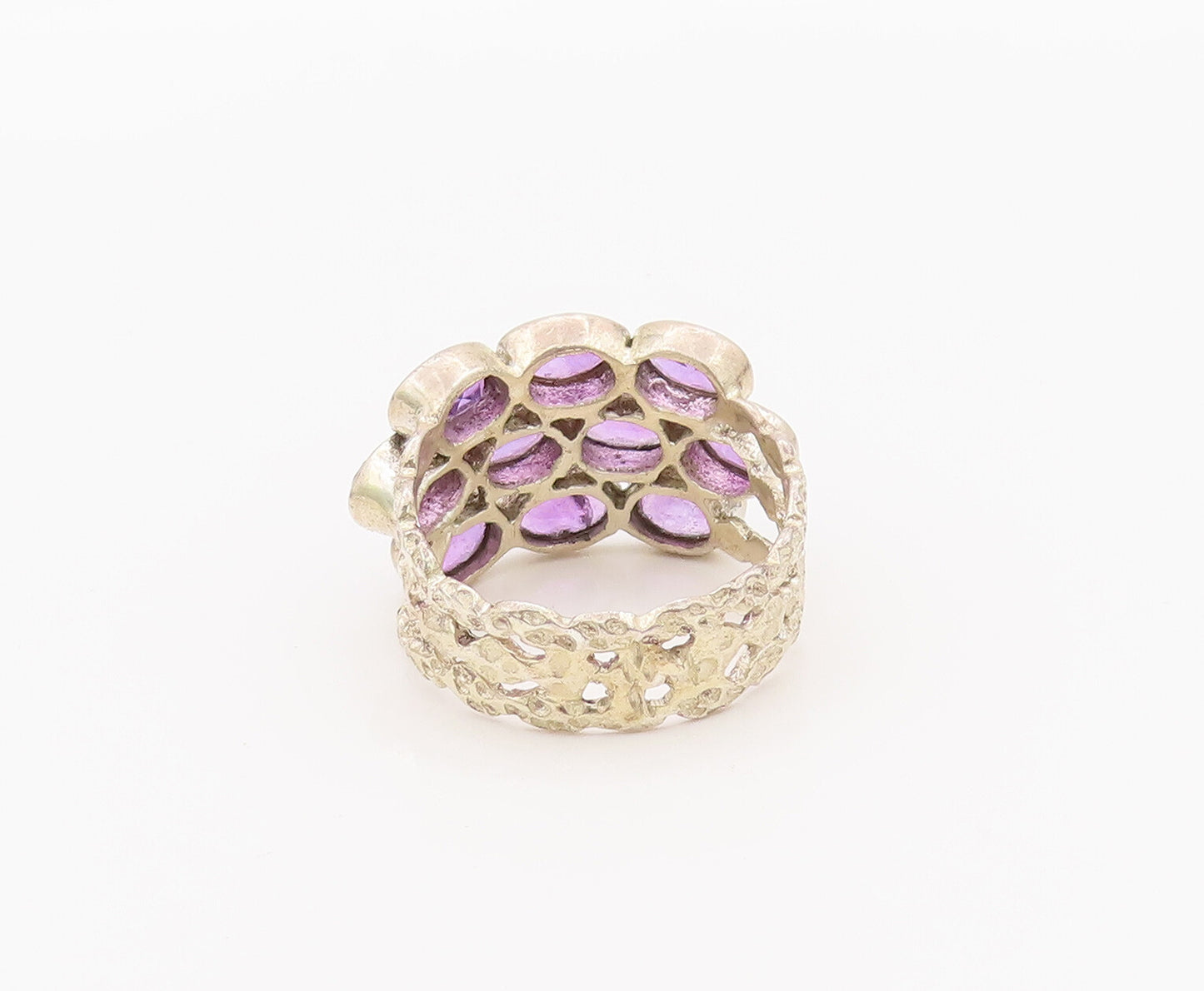925 Sterling Silver Vintage Ring Hammered Rope Band Oval Amethysts Sz 9  RG27616