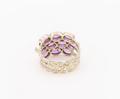 925 Sterling Silver Vintage Ring Hammered Rope Band Oval Amethysts Sz 9  RG27616