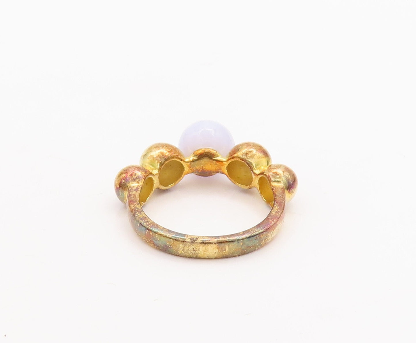 925 Sterling Silver Vintage Ring Gold Plated Bead Carved & Gemstone Sz 7 RG29625