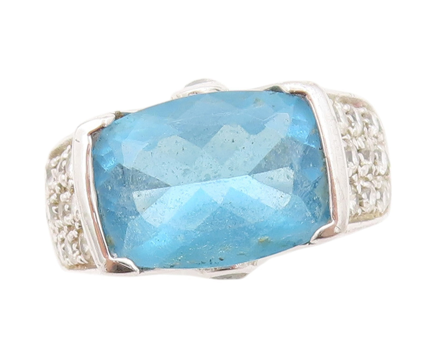 925 Sterling Silver Vintage Ring Designer Rectangle Blue & White CZ Sz 7 RG32892