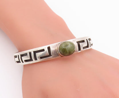 925 Sterling Silver Vintage Bracelet Oval Turquoise Carved Maze Cuff  BT11302