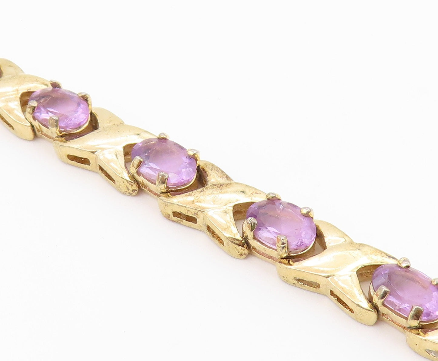 925 Sterling Silver  Amethyst Shiny Gold Plated XO Chain Bracelet  BT5822