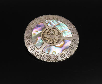 MEXICO 925 Silver  Vintage Rope Border & Circles Abalone Brooch Pin  BP10037