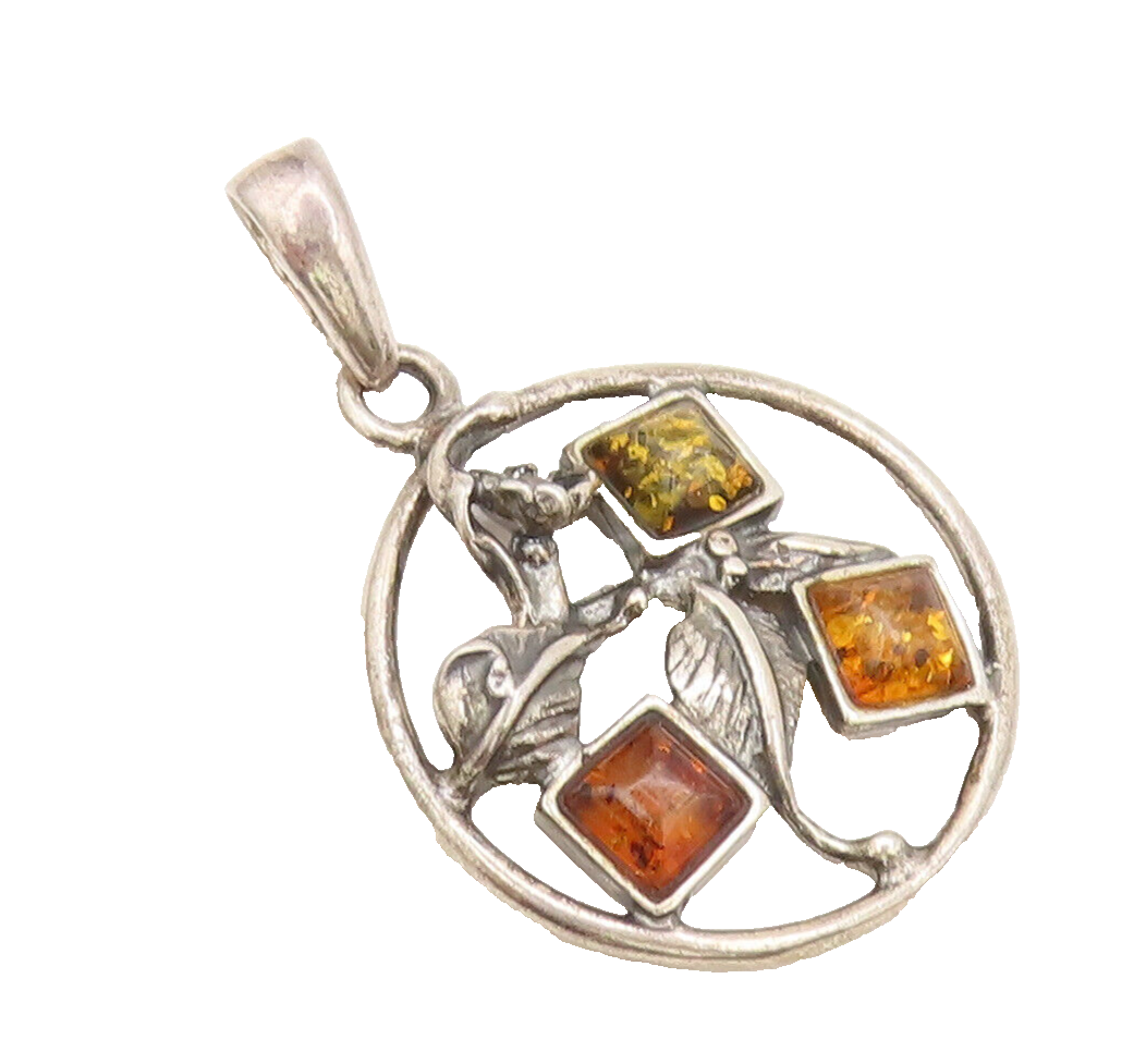 POLAND 925 Sterling Silver  Vintage Floral Cutout Amber Round Pendant  PT22406