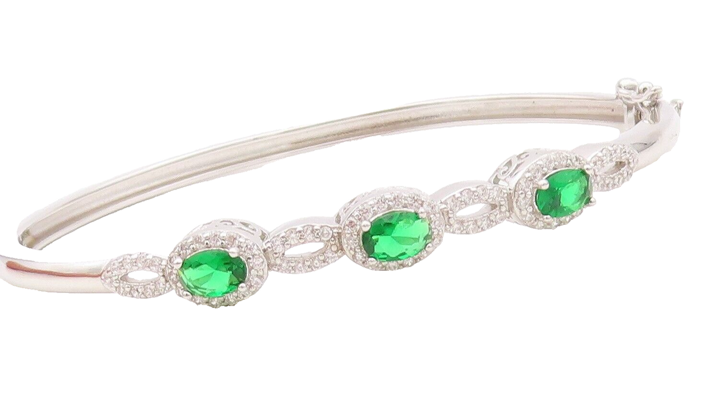 925 Sterling Silver Vintage Bracelet Loop Cutout Green & White CZ Bangle BT10718