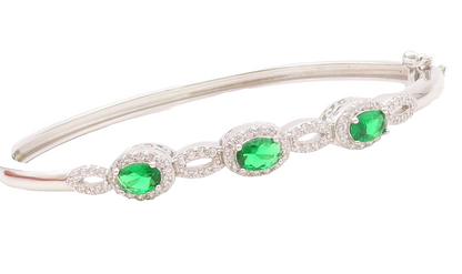 925 Sterling Silver Vintage Bracelet Loop Cutout Green & White CZ Bangle BT10718