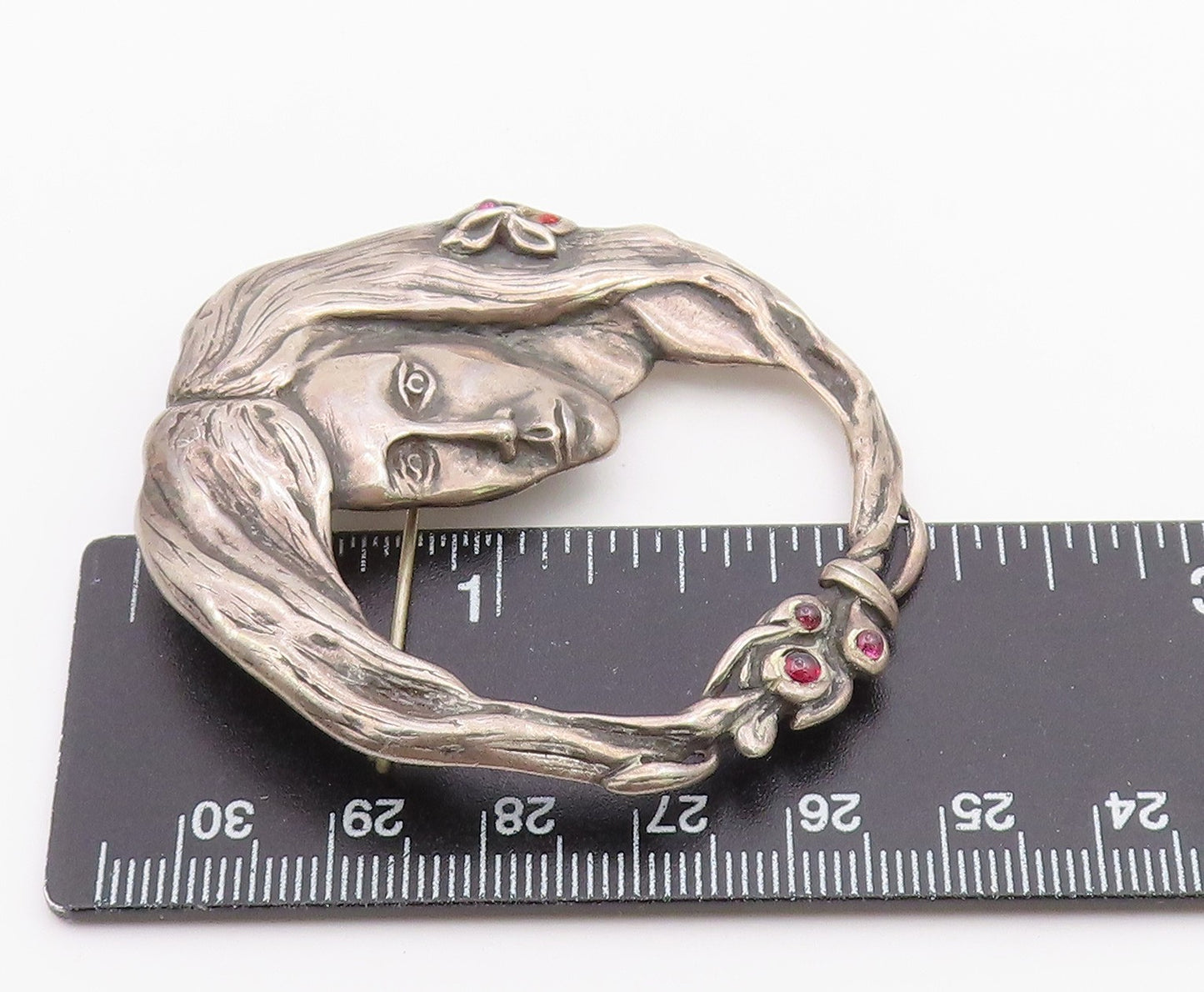 925 Sterling Silver  Vintage Modernist Garnet Woman Face Brooch Pin  BP9097