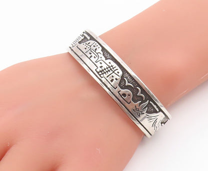 925 Sterling Silver Vintage Bracelet NAVAJO Village Life Carved Cuff  BT11342
