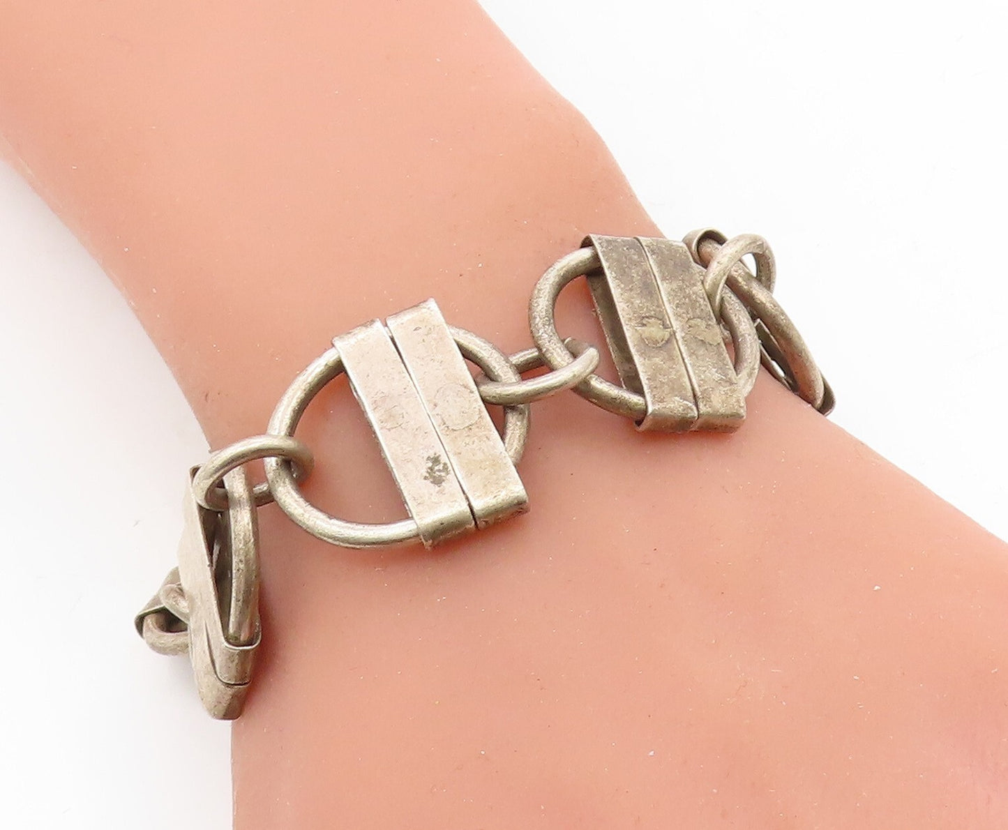 925 Sterling Silver  Vintage Antique Wrapped Circle Link Chain Bracelet BT2671