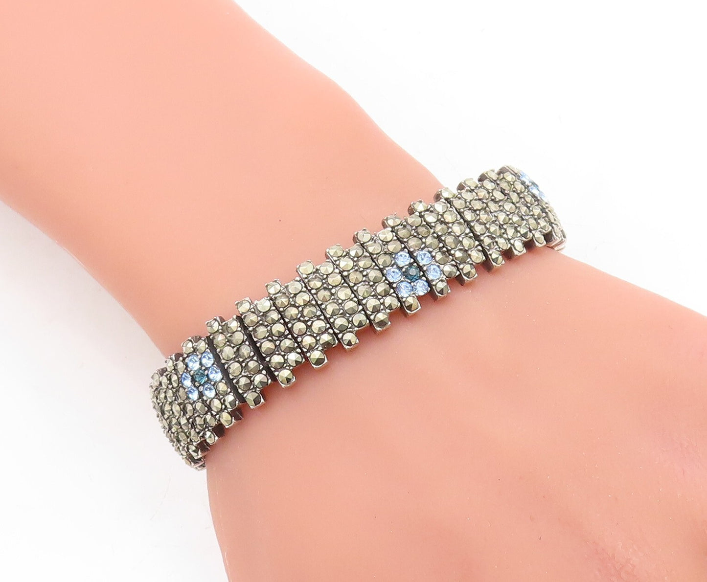 925 Sterling Silver  Topaz & Marcasite Floral Tennis Bracelet  BT1015