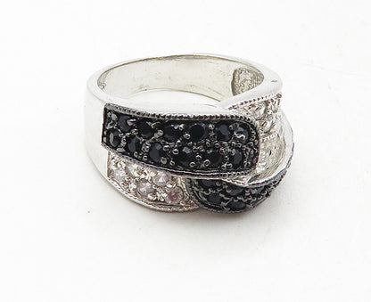 925 Sterling Silver  Black Hematite & Topaz Shiny Band Ring Sz 8  RG9445