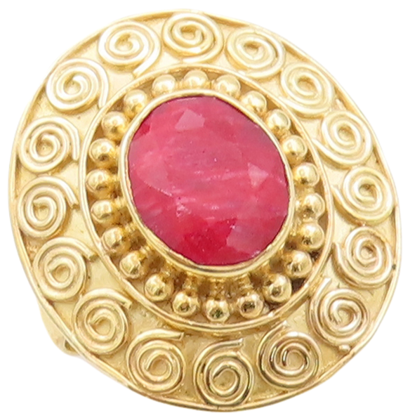 925 Sterling Silver Vintage Ring Gold Plated Spiral Carved Red Gem Sz 10 RG29202