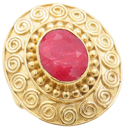925 Sterling Silver Vintage Ring Gold Plated Spiral Carved Red Gem Sz 10 RG29202