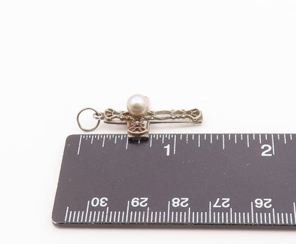925 Silver  Vintage Openwork Religious Cross Fresh Water Pearl Pendant PT21319
