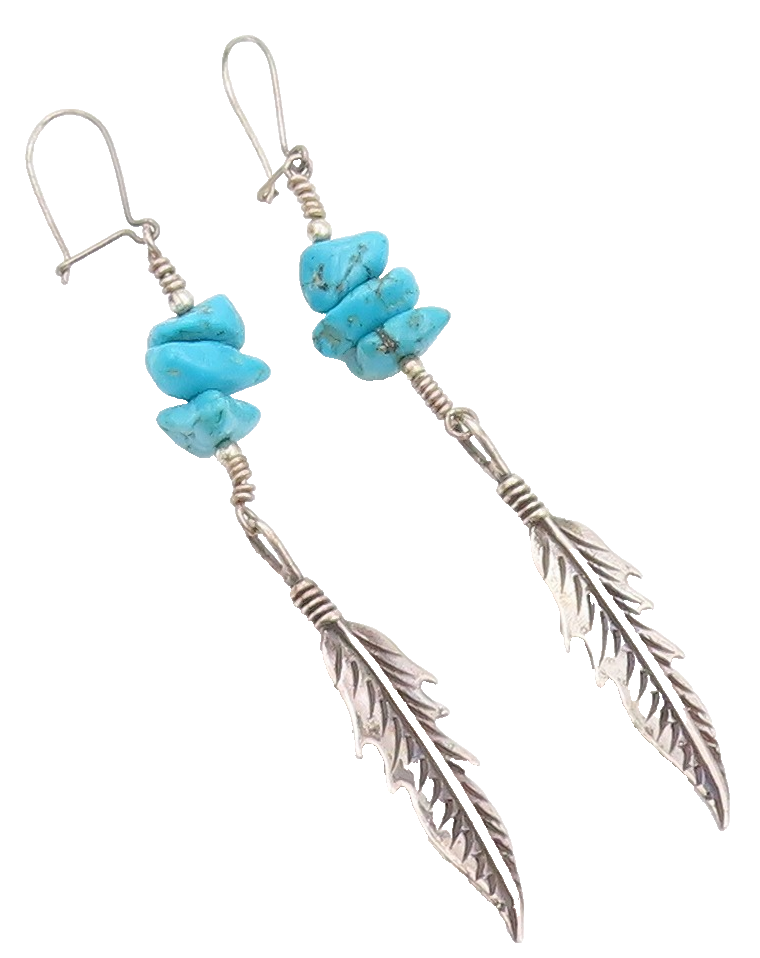 925 Sterling Silver Vintage Earrings NAVAJO Turquoise Carved Feather  EG13487