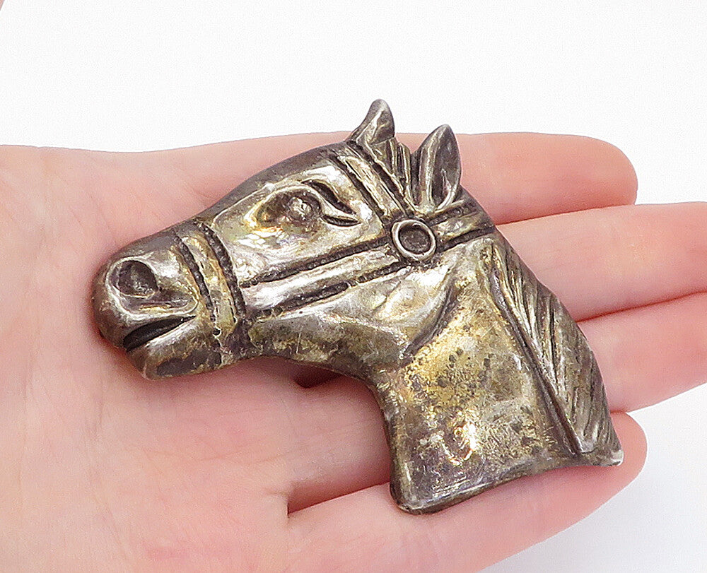 925 Sterling Silver  Vintage Dark Tone Etched Horse's Head Brooch Pin  BP1877