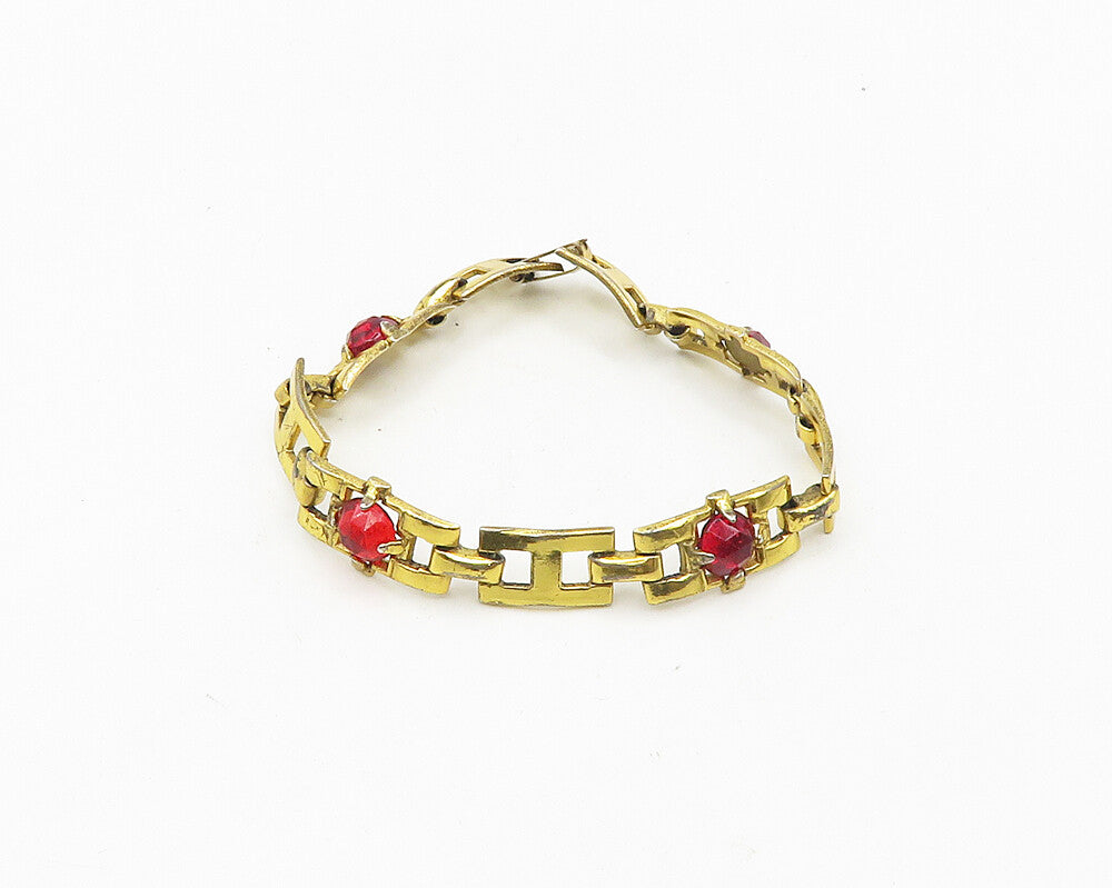 925 Sterling Silver  Vintage Red Topaz Gold Plated Chain Bracelet  BT7444