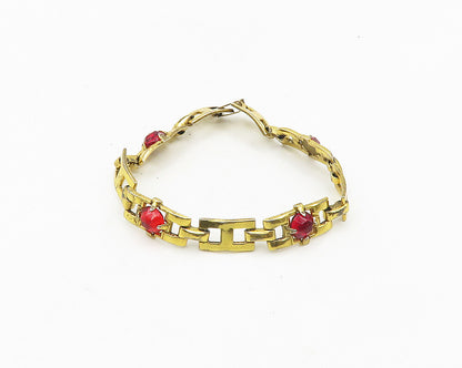 925 Sterling Silver  Vintage Red Topaz Gold Plated Chain Bracelet  BT7444