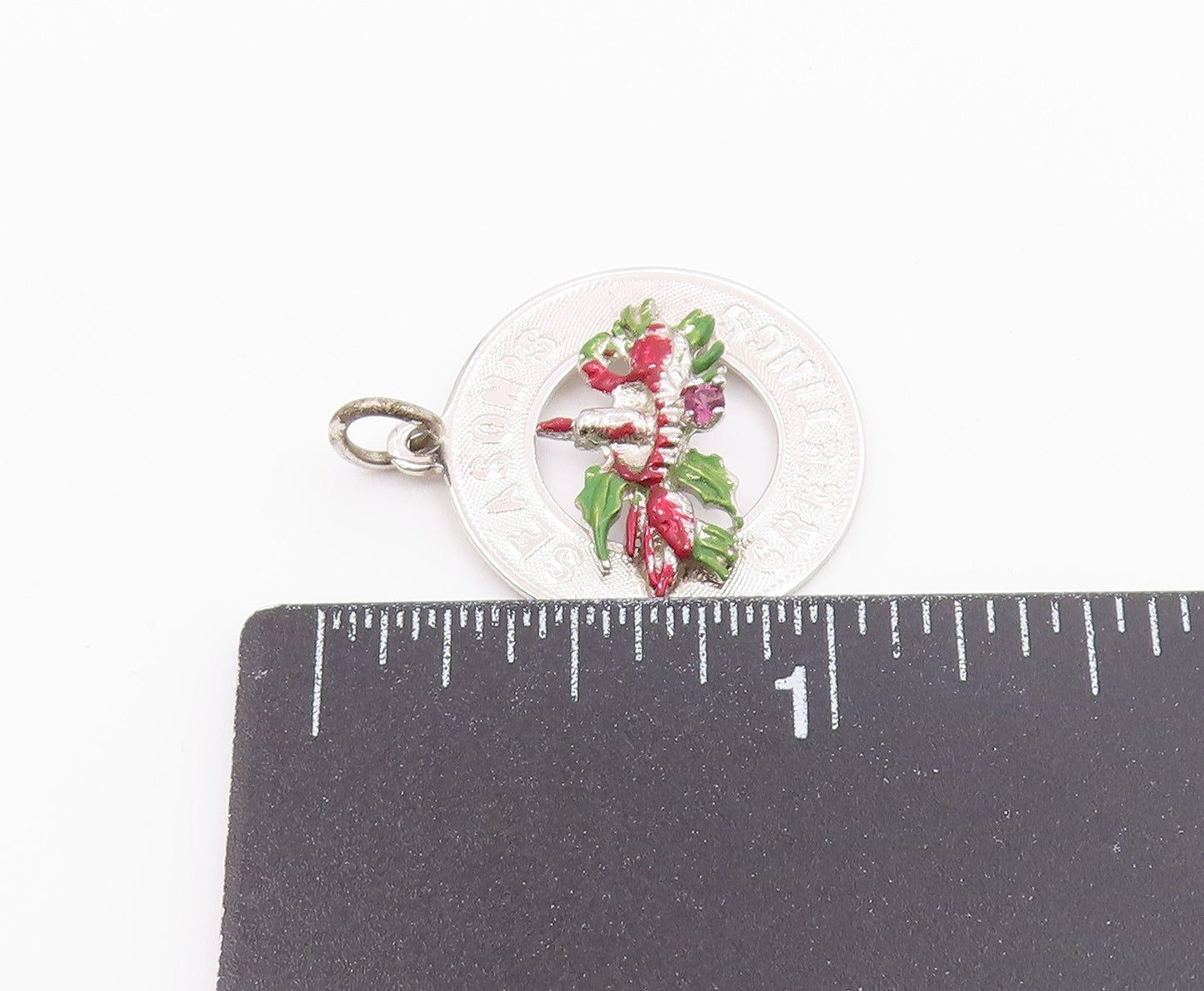 925 Silver  Vintage Enamel & Topaz Seasonal Greetings Medal Pendant  PT20841