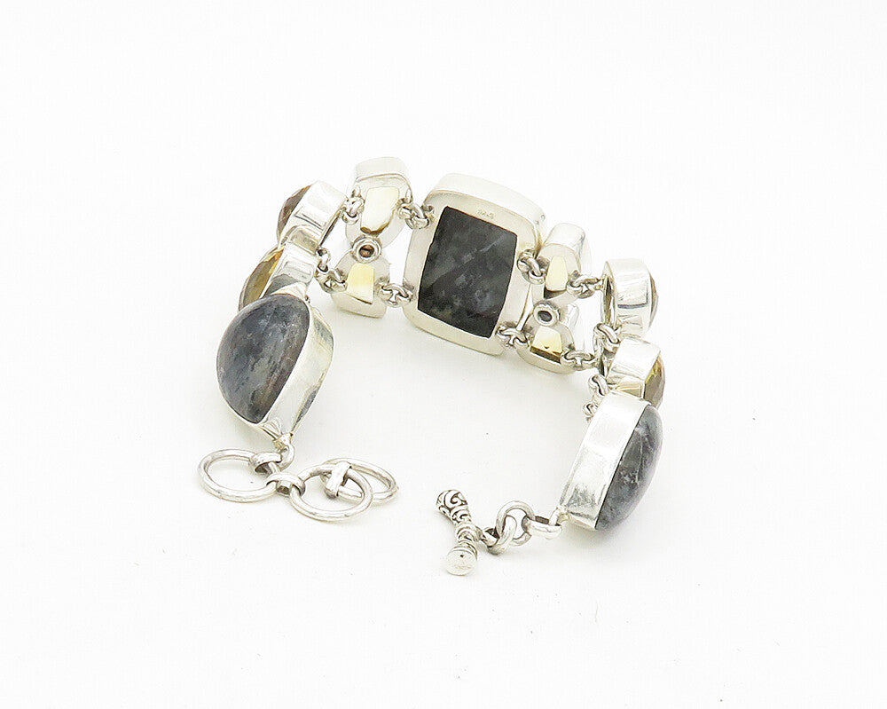 925 Sterling Silver  Jasper & Citrine Cluster Large Heavy Chain Bracelet  BT7488