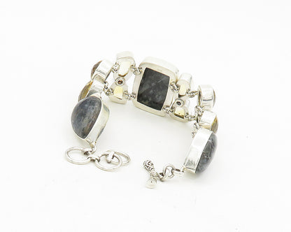 925 Sterling Silver  Jasper & Citrine Cluster Large Heavy Chain Bracelet  BT7488