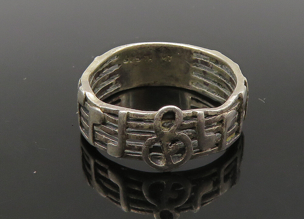 925 Sterling Silver  Vintage Music Notes Motif Band Ring Sz 7  RG22704