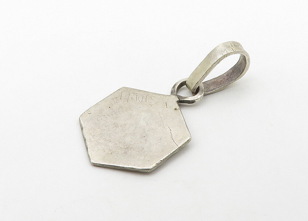 925 Sterling Silver  Vintage Brick Layer Cube Shiny Etched Pendant  PT17232