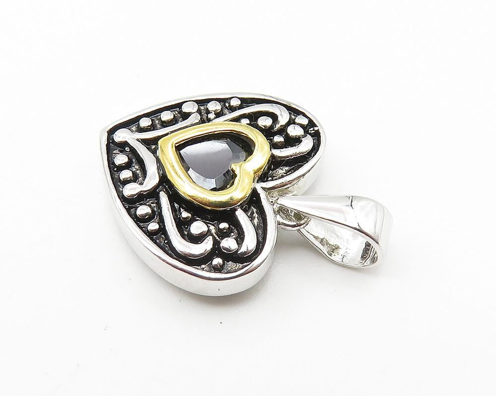 925 Sterling Silver  Shiny Hematite Two Tone Love Heart Drop Pendant  PT8312
