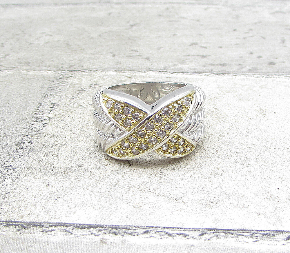 925 Silver Cubic Zirconia X Twisted Ropes 2 Tone Band Ring Sz 6 RG1947