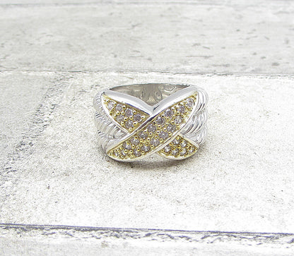 925 Silver Cubic Zirconia X Twisted Ropes 2 Tone Band Ring Sz 6 RG1947