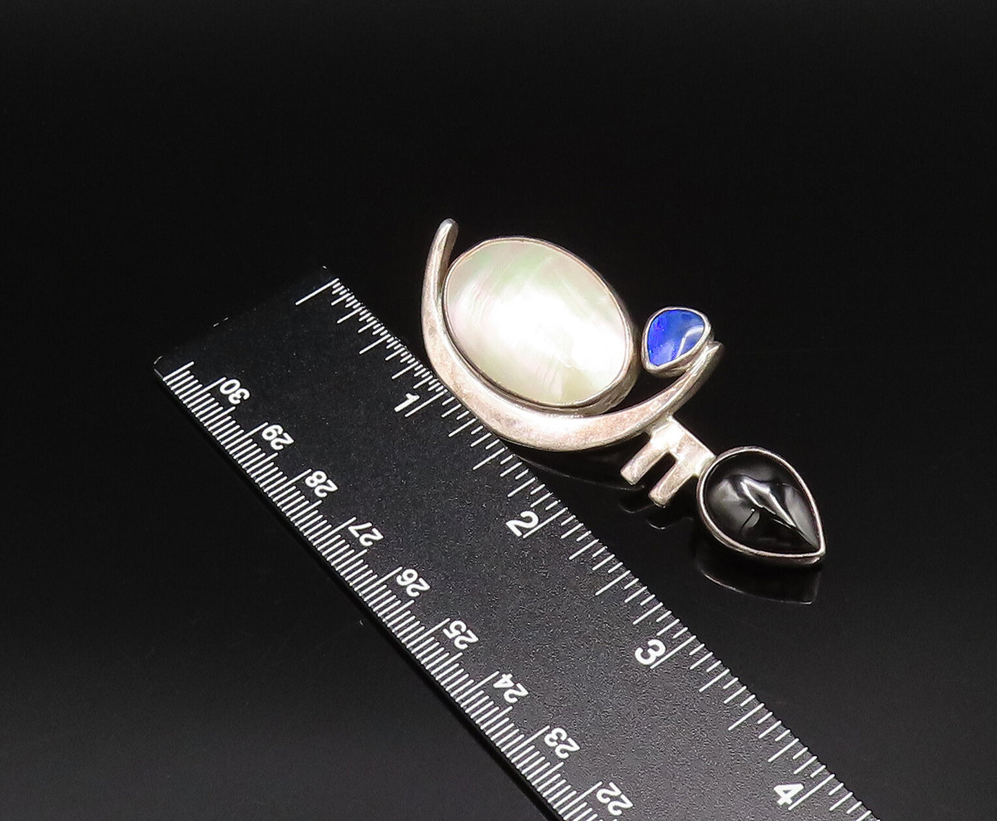 DESIGNER 925 Silver  Vintage Mother Of Pearl Sapphire & Onyx Pendant  PT21826