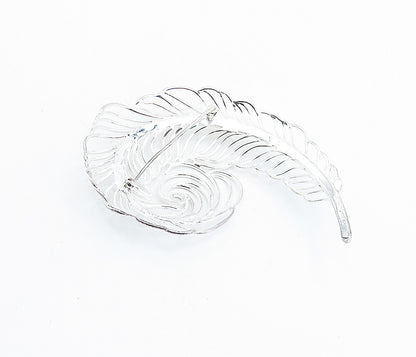 925 Sterling Silver  Vintage Shiny Swirl Single Feather Brooch Pin  BP2175