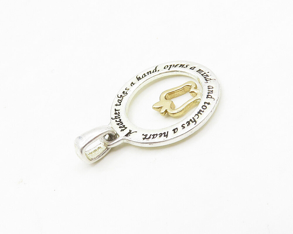 925 Sterling Silver  Vintage Shiny 2 Tone Apple Teacher Quote Pendant  PT13852