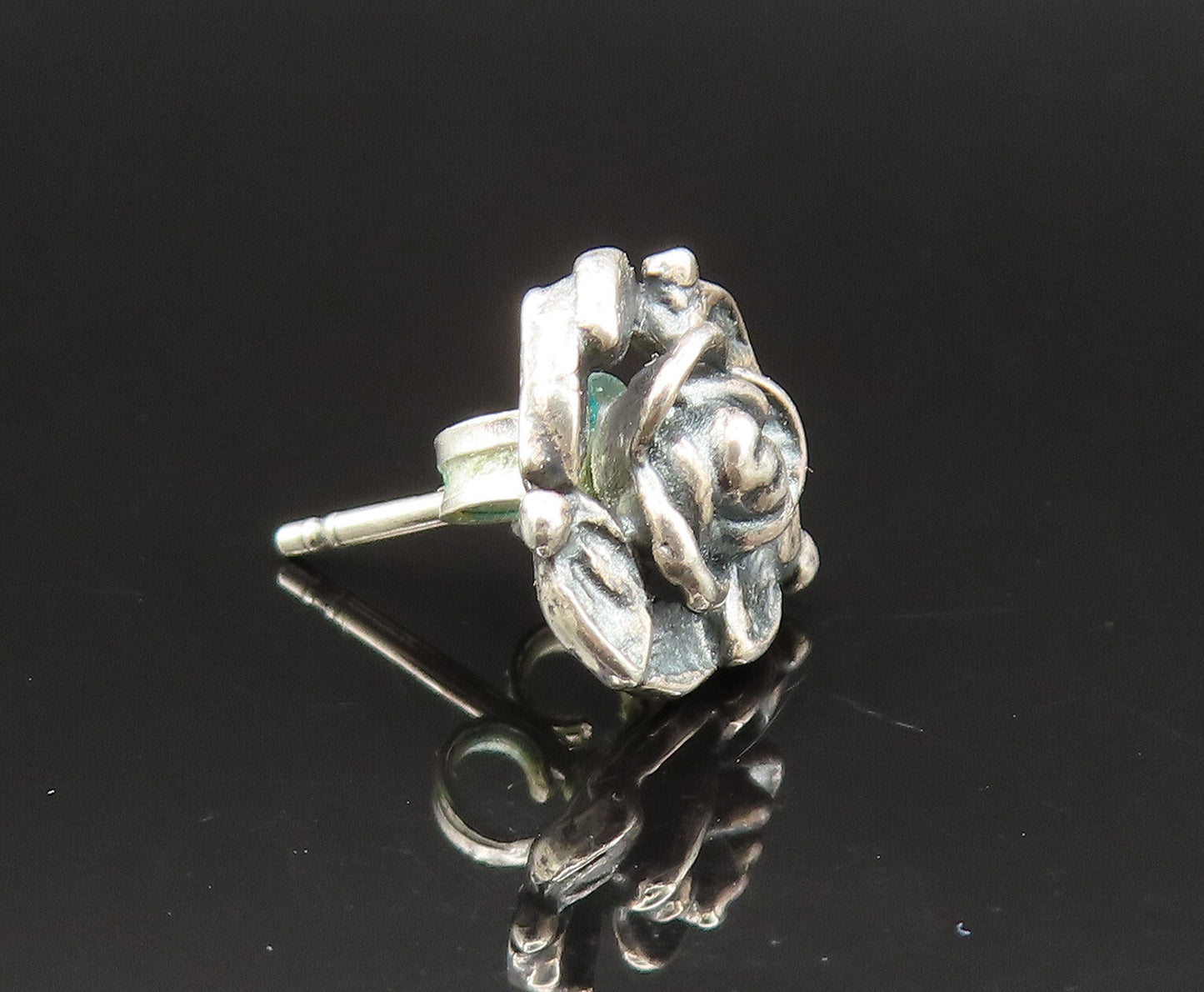 ISRAEL 925 Sterling Silver  Vintage Carved Rose Flower Stud Earrings  EG11759