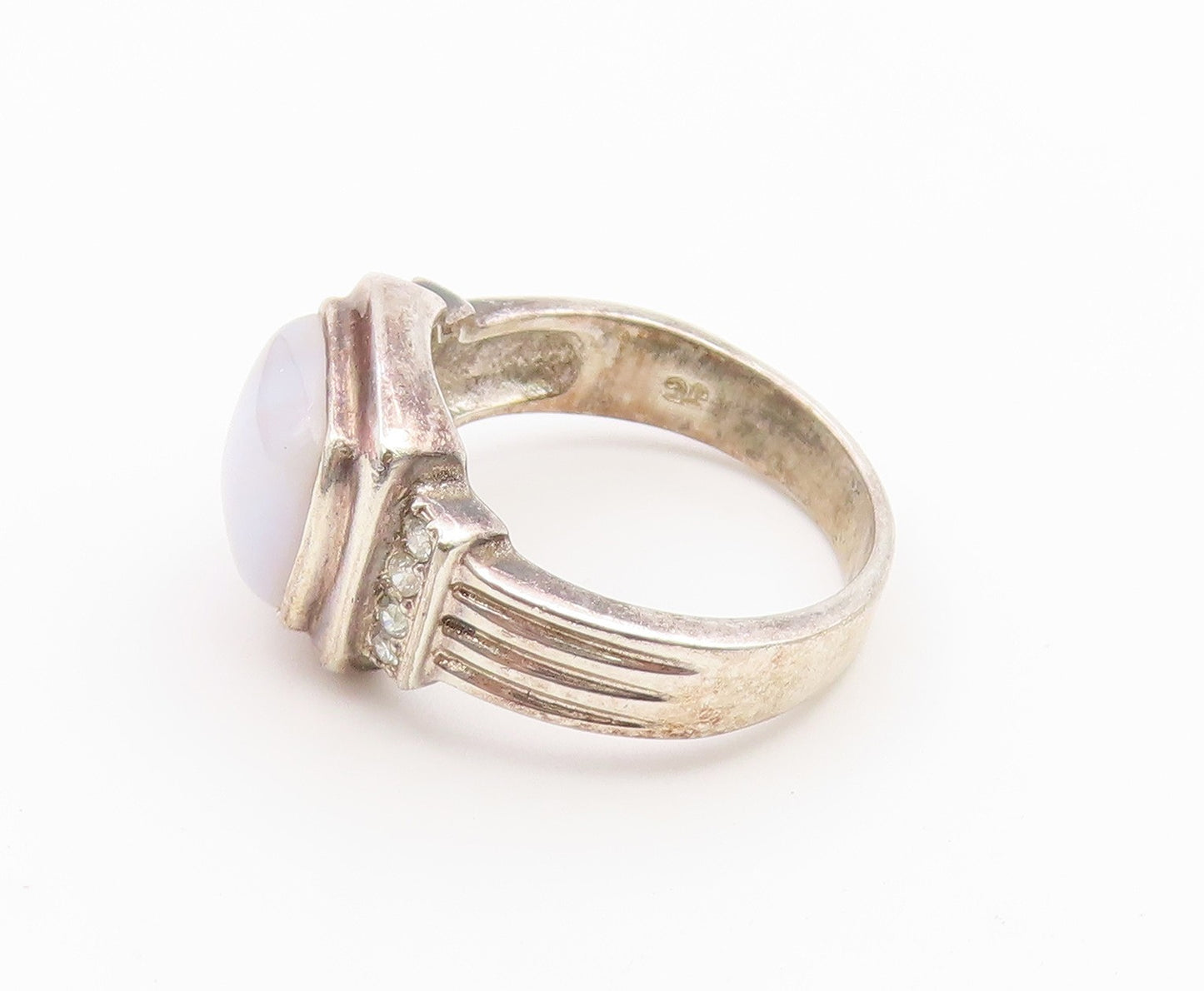 925 Sterling Silver Vintage Ring Milky Moonstone & CZ Ribbed Band  Sz 7  RG36856
