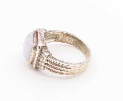 925 Sterling Silver Vintage Ring Milky Moonstone & CZ Ribbed Band  Sz 7  RG36856