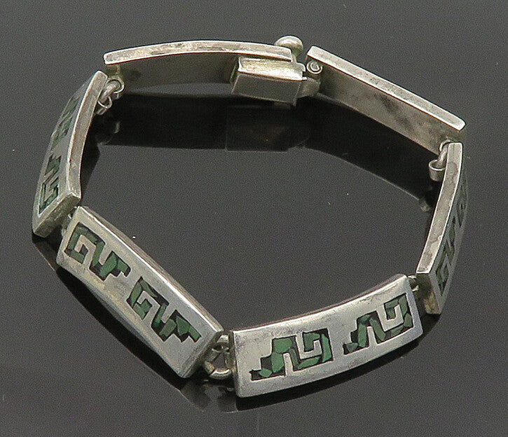 MEXICO 925 Sterling Silver  Vintage Jasper Mosaic Bar Chain Bracelet  BT1377
