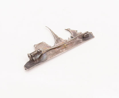 925 Sterling Silver Vintage Brooch Pin JAPANESE Antique Landscape Carved BP10968