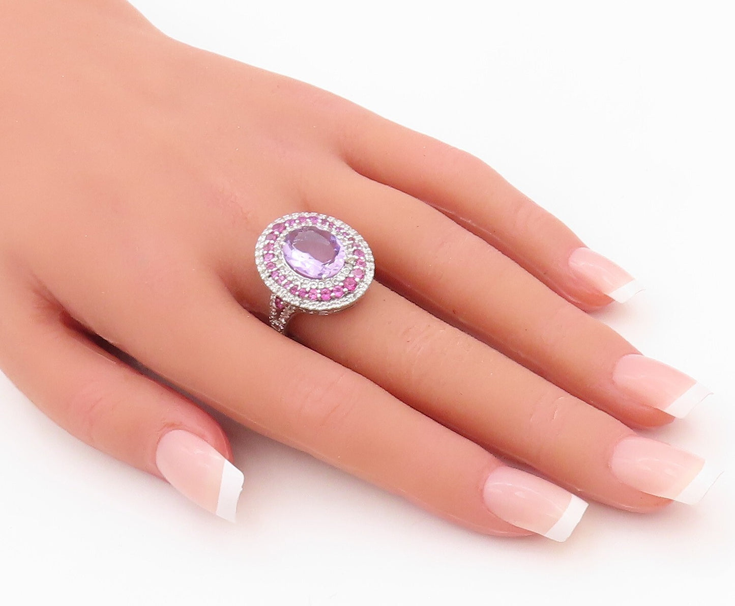 925 Sterling Silver Vintage Ring Oval Amethyst Halo 2 Tone CZ Bands Sz 7 RG30133