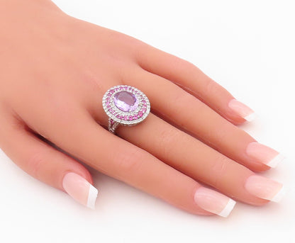 925 Sterling Silver Vintage Ring Oval Amethyst Halo 2 Tone CZ Bands Sz 7 RG30133