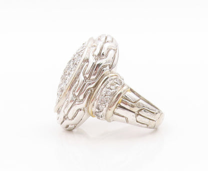 925 Sterling Silver Vintage Ring Large Carved Oval CZ Inlay  Sz 7  RG31837